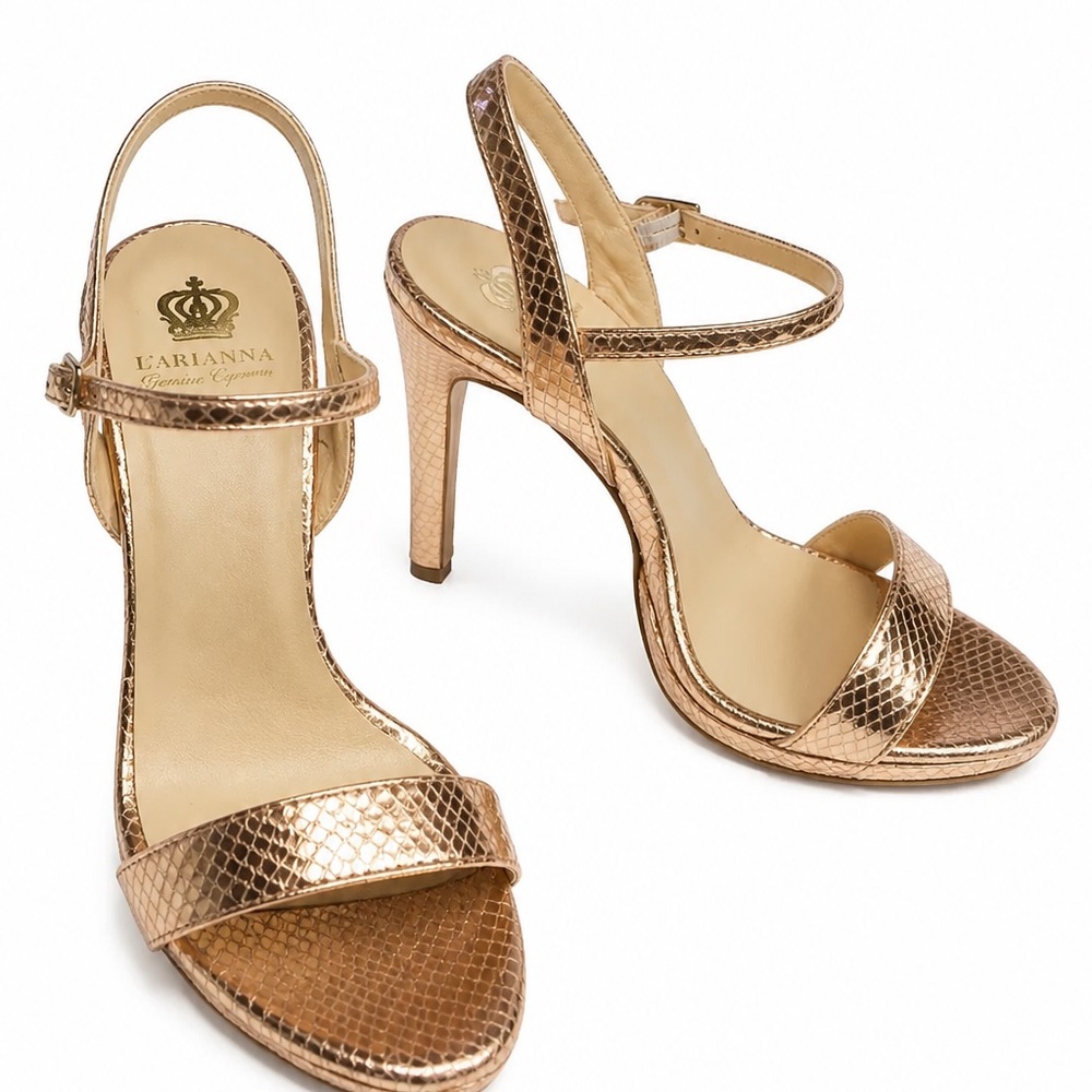 L’Ariana Rose Gold Metallic Snake-Textured Leather Comfort Slingback Sandals